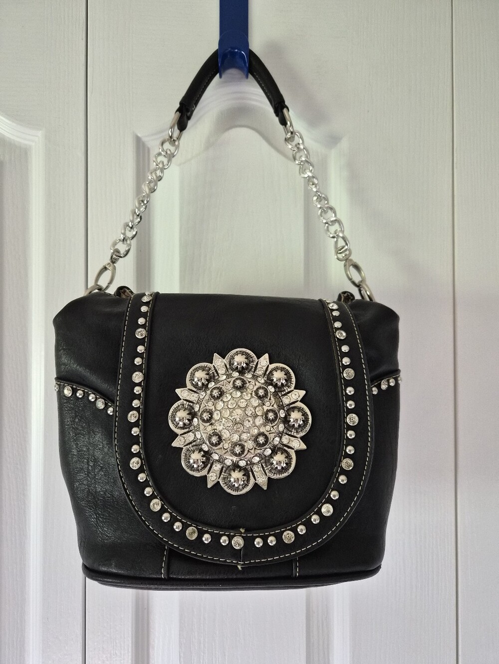 Black Studded Floral Medallion Shoulder Bag/Back Pack Convertable By Montana Wes